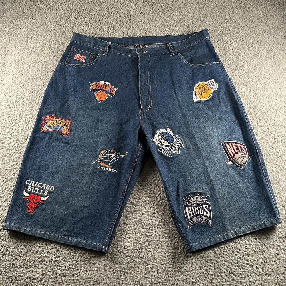 Vtg UNK NBA Team Patch Denim Baggy Shorts Mens 38 Blue Logos Embroidered